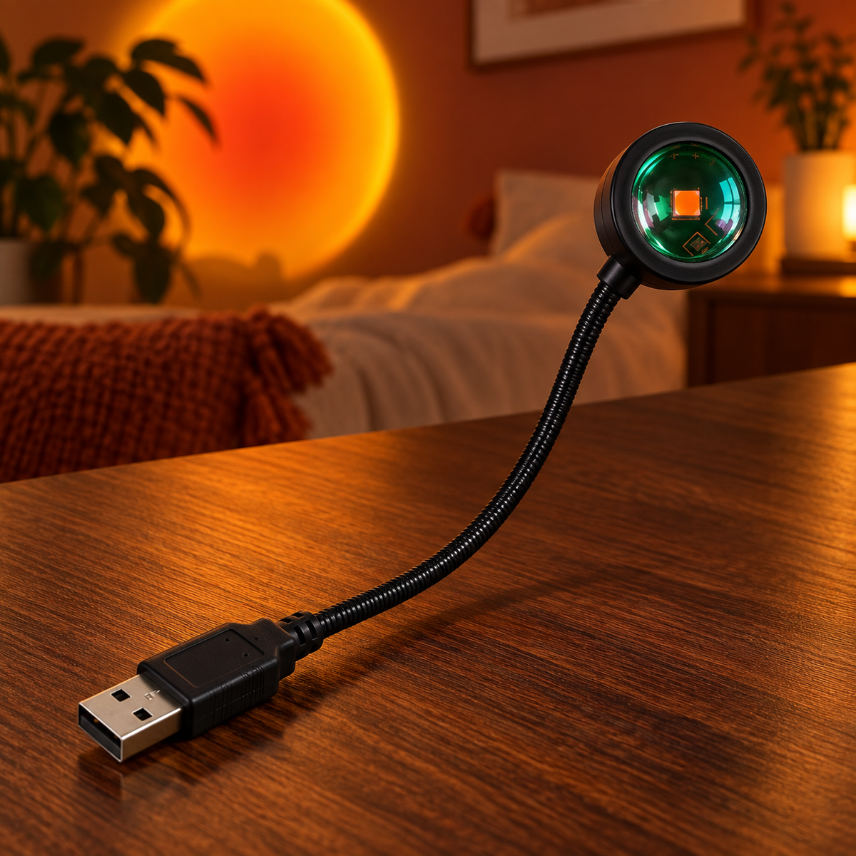Lampe Coucher de Soleil, Projecteur LED USB Orientable avec Col Flexible, Veilleuse d'Ambiance pour Chambre, Salon et Bureau