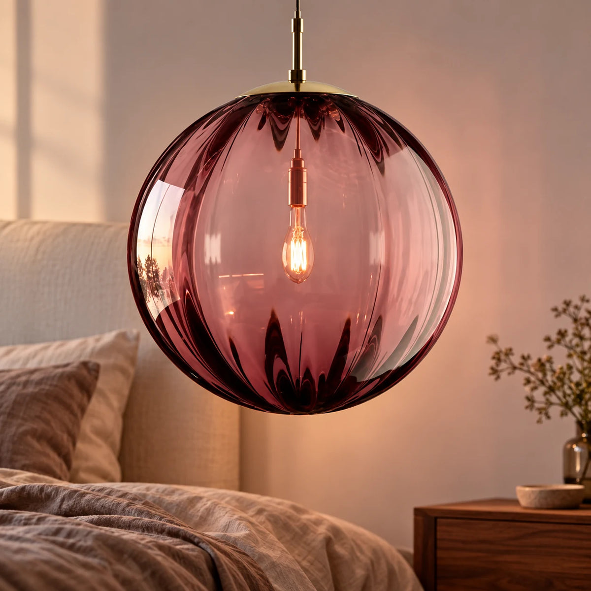 Suspension Boule en Verre Côtelé Teinté, Luminaire Suspendu Nordique E14