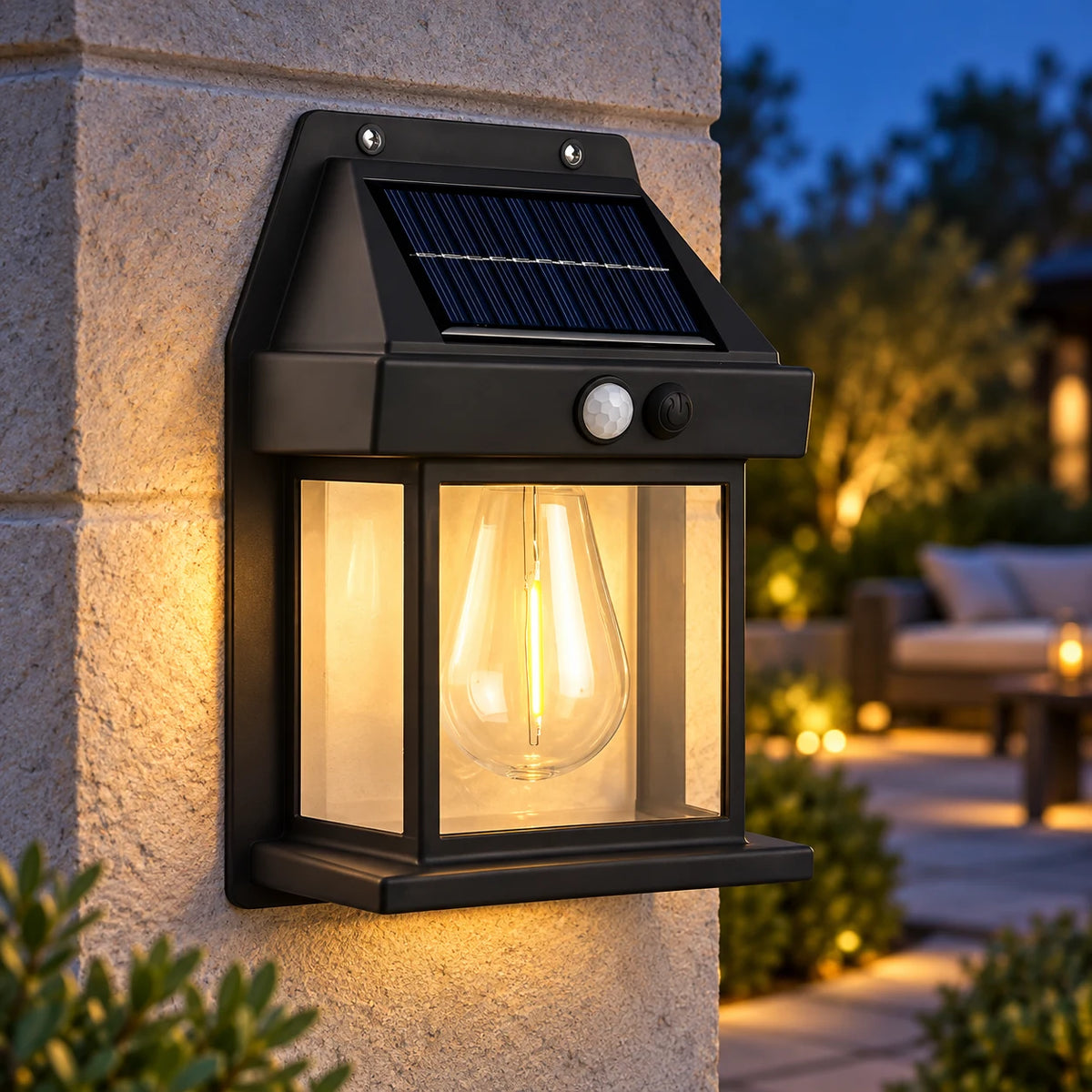 Applique Murale Solaire Extérieure à Détecteur de Mouvement, Lanterne Ampoule Filament Vintage, Étanche IP65, sans Fil pour Façade, Entrée, Jardin