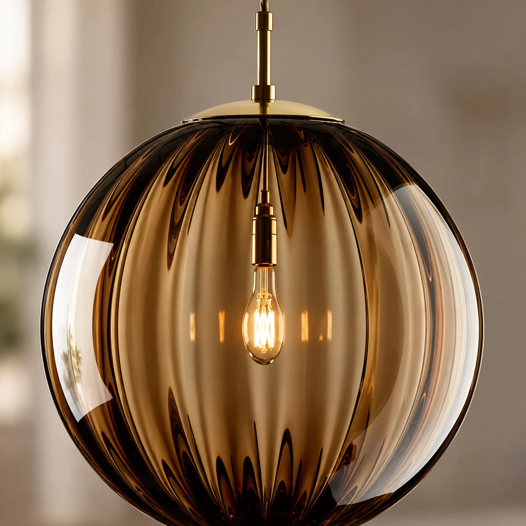 Suspension Boule en Verre Côtelé Teinté, Luminaire Suspendu Nordique E14