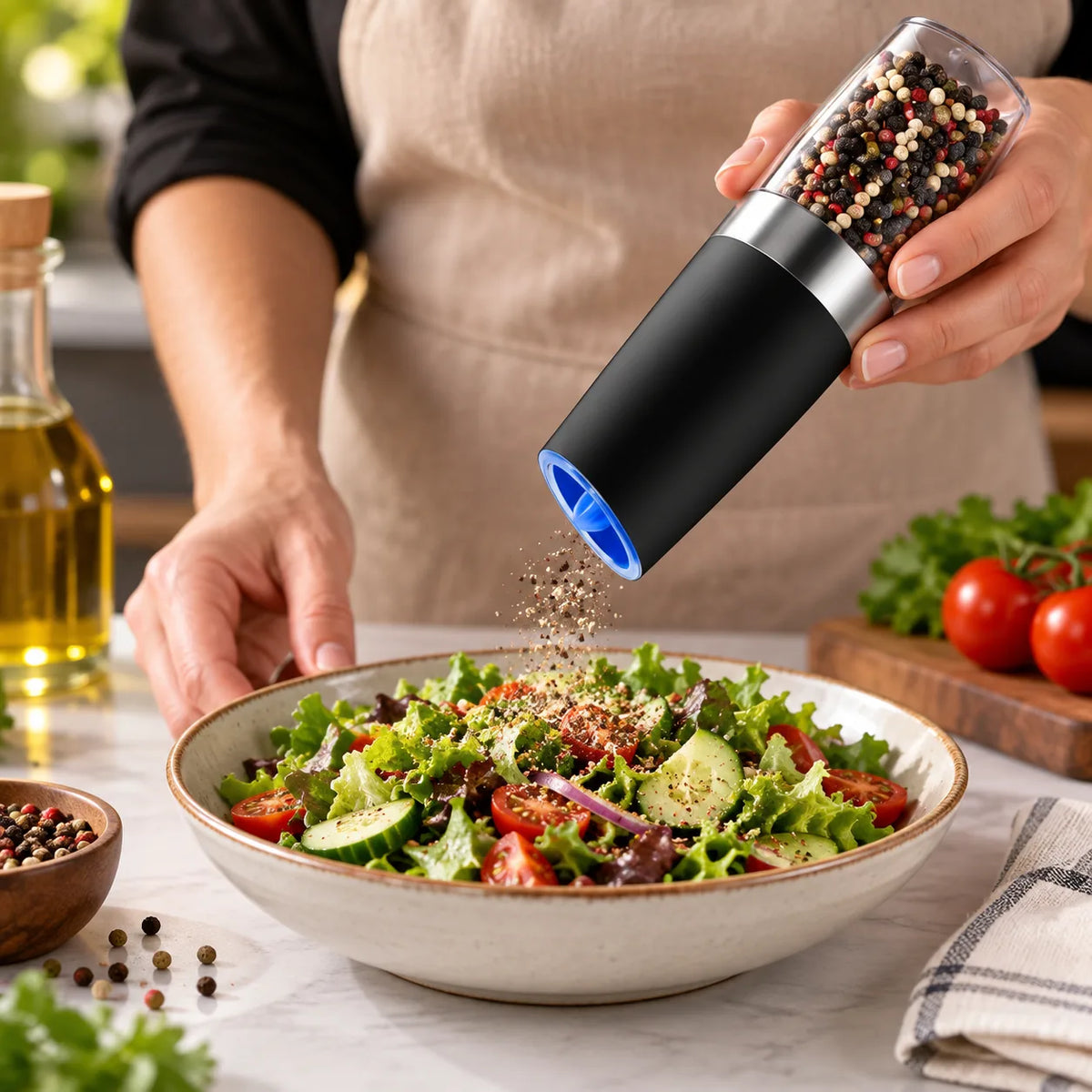 Moulin à poivre électrique utilisé au-dessus d'une salade