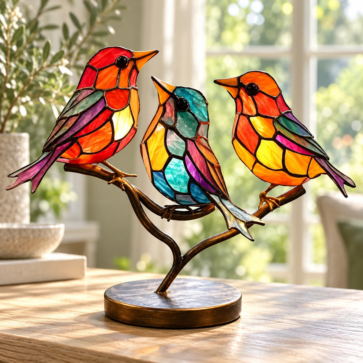 Figurine Oiseaux sur Branche en Acrylique Effet Vitrail, Décoration de Table Colorée