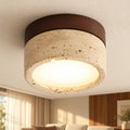 Plafonnier en Pierre Travertin et Bois Finition Noyer – Lampe de Plafond Ronde Wabi Sabi, Lumière Chaude – Couloir, Entrée, Chambre