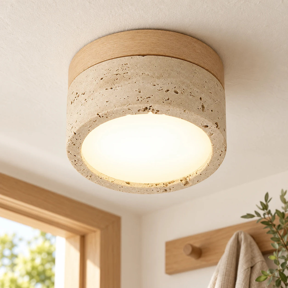 Plafonnier en Pierre Travertin et Bois Finition Noyer – Lampe de Plafond Ronde Wabi Sabi, Lumière Chaude – Couloir, Entrée, Chambre