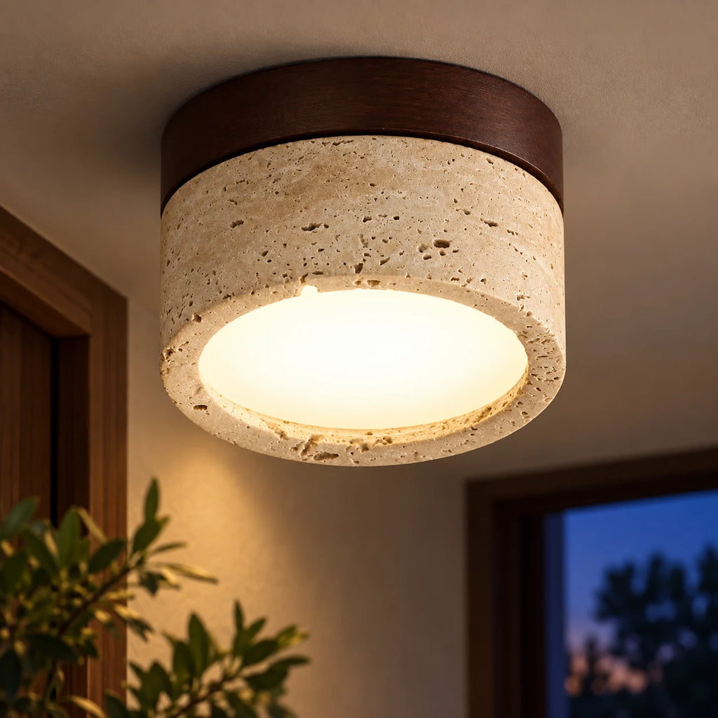 Plafonnier en Pierre Travertin et Bois Finition Noyer – Lampe de Plafond Ronde Wabi Sabi, Lumière Chaude – Couloir, Entrée, Chambre