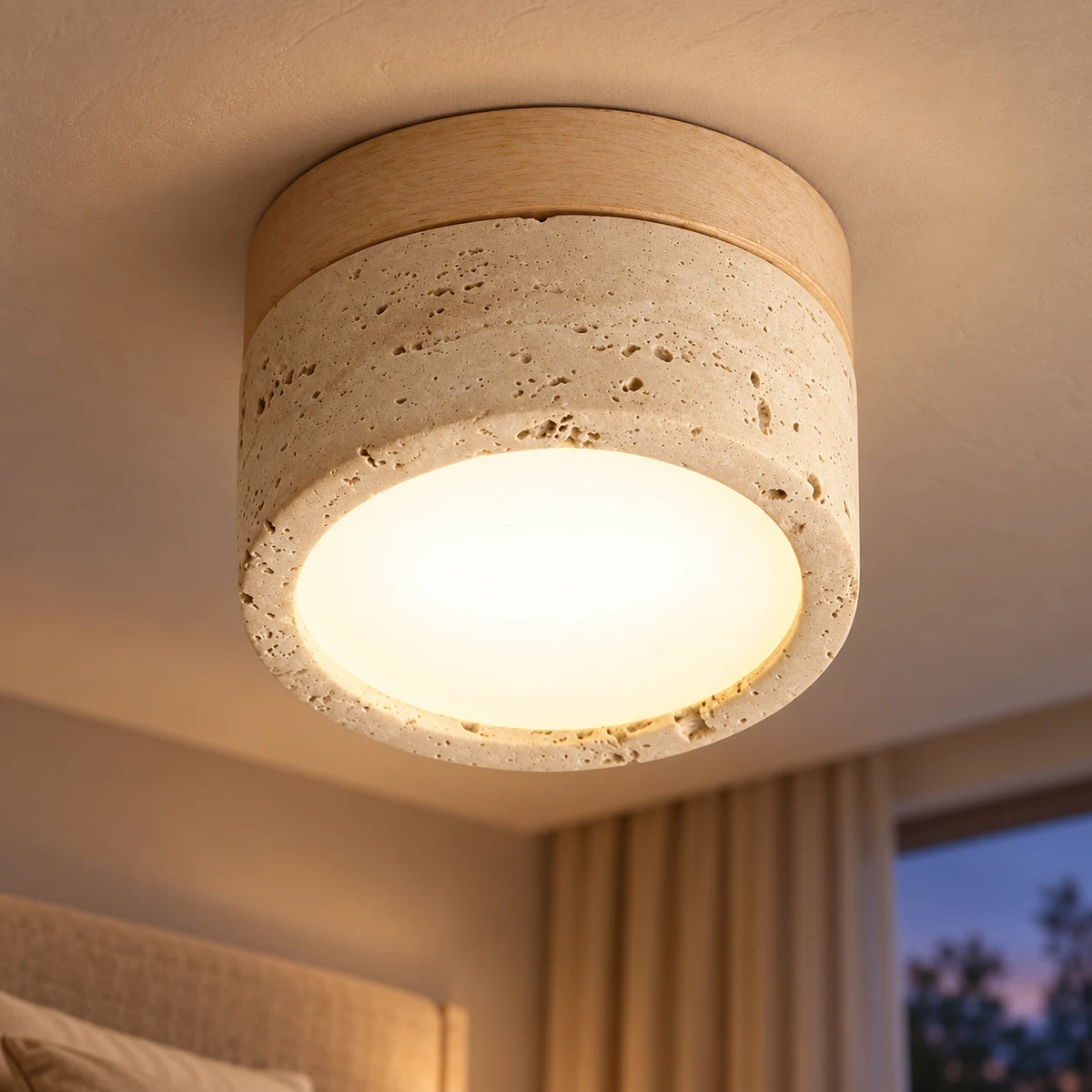 Plafonnier en Pierre Travertin et Bois Finition Noyer – Lampe de Plafond Ronde Wabi Sabi, Lumière Chaude – Couloir, Entrée, Chambre