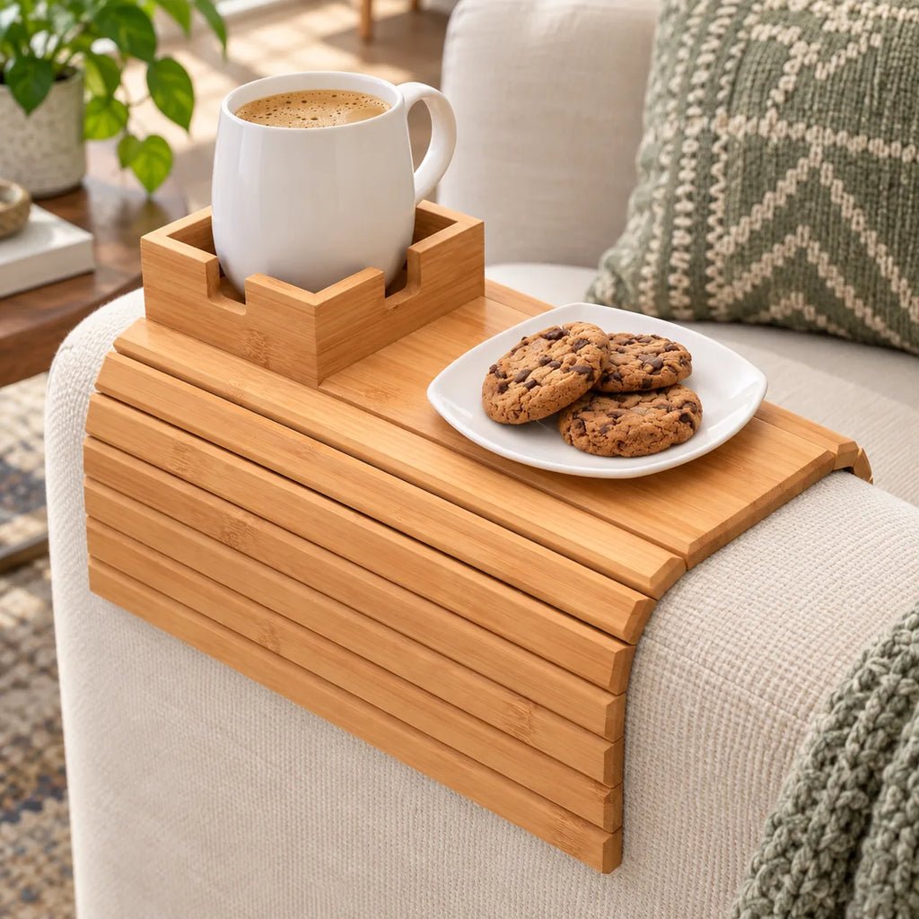 Plateau accoudoir en bambou avec tasse de café et assiette de cookies
