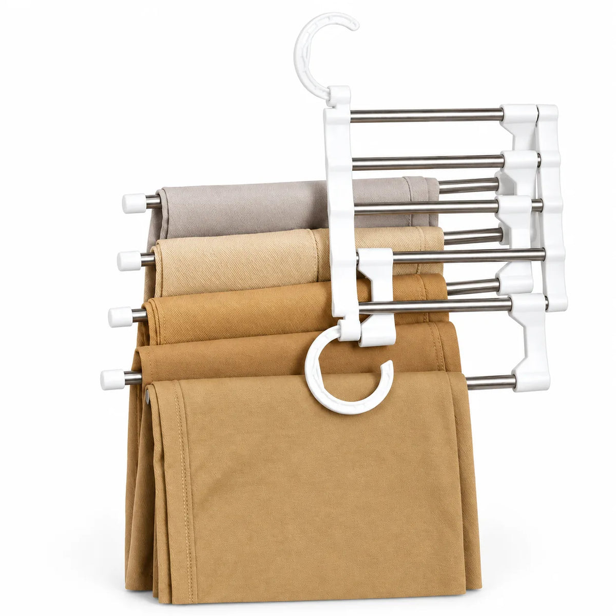 Cintre porte-pantalons multi-niveaux blanc avec plusieurs pantalons pliés