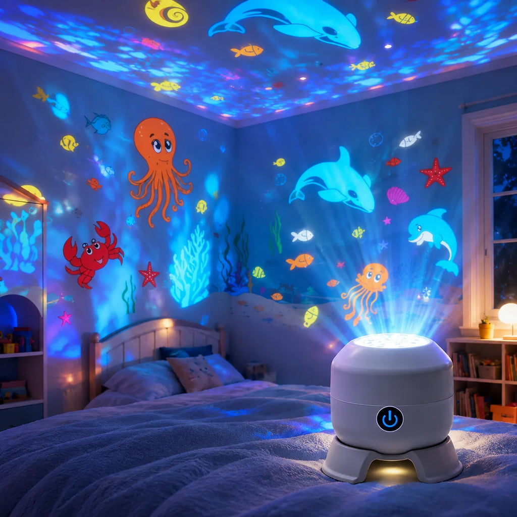 Projecteur veilleuse océan projetant des animaux marins dans une chambre d'enfant