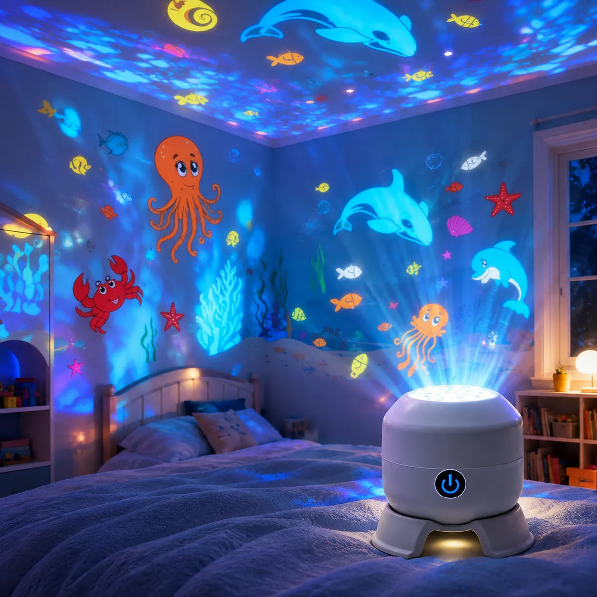 Projecteur veilleuse océan projetant des animaux marins dans une chambre d'enfant