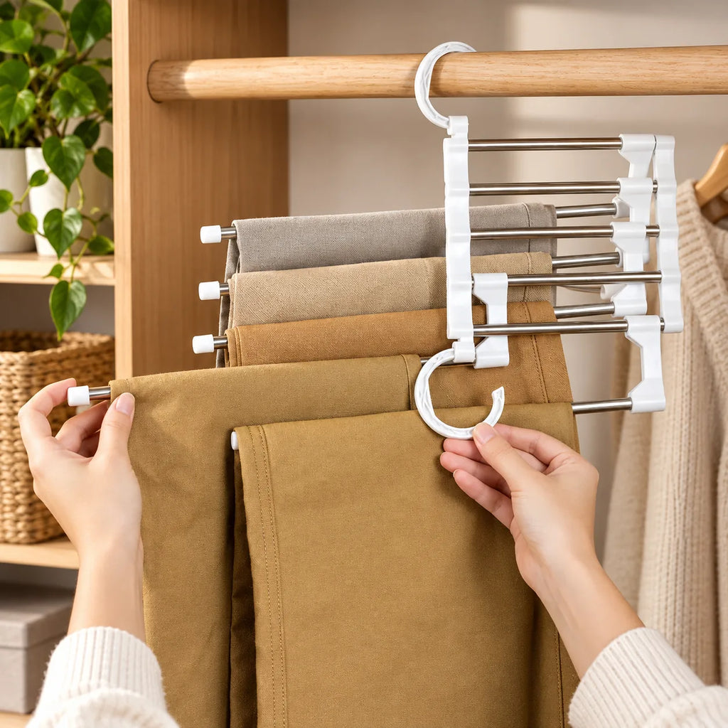 Cintre porte-pantalons suspendu dans un dressing, utilisation