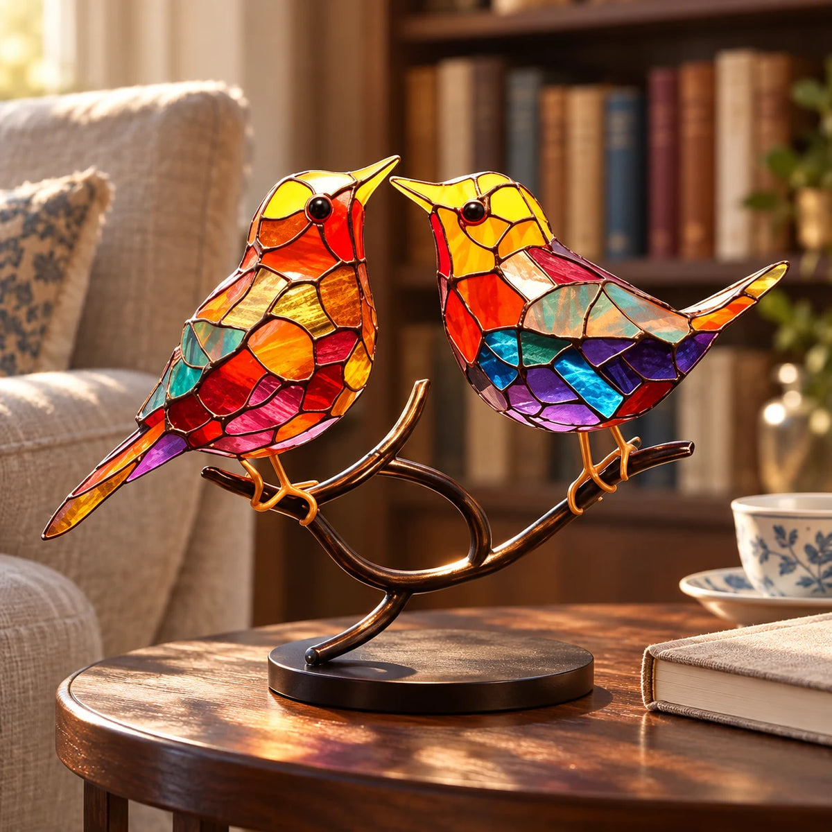 Figurine Oiseaux sur Branche en Acrylique Effet Vitrail, Décoration de Table Colorée