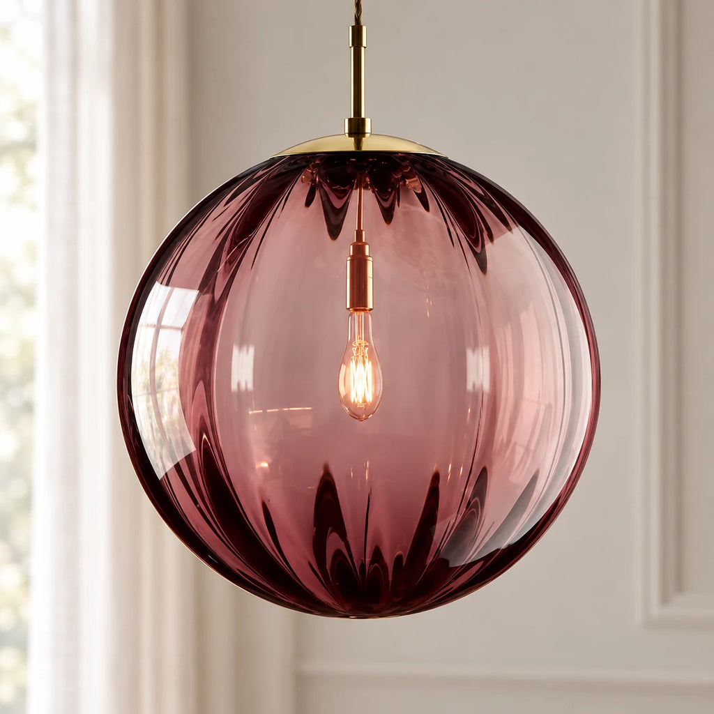 Suspension Boule en Verre Côtelé Teinté, Luminaire Suspendu Nordique E14
