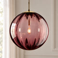 Suspension Boule en Verre Côtelé Teinté, Luminaire Suspendu Nordique E14