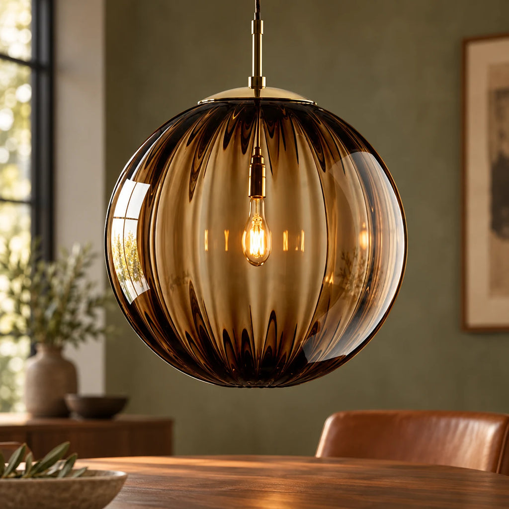Suspension Boule en Verre Côtelé Teinté, Luminaire Suspendu Nordique E14