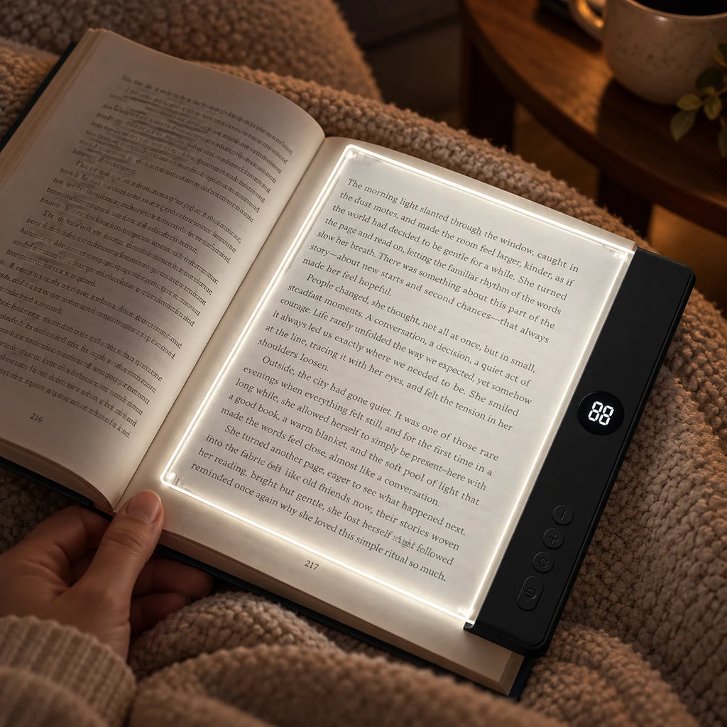 Lampe de Lecture LED Plate pour Livre Rechargeable avec Minuterie et 3 Températures de Couleur, Veilleuse de Chevet 2 en 1