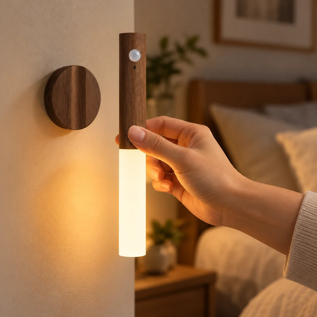 Applique Murale LED Détecteur de Mouvement Sans Fil, Veilleuse Rechargeable USB Amovible, Effet Bois, Couloir Escalier Chambre
