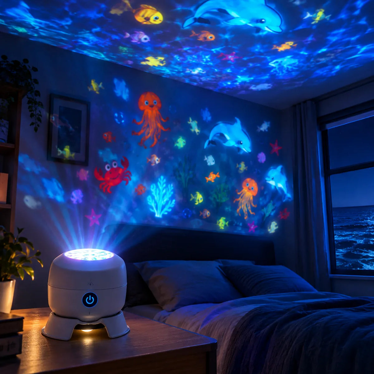 Veilleuse projecteur océan illuminant le mur et le plafond d'une chambre